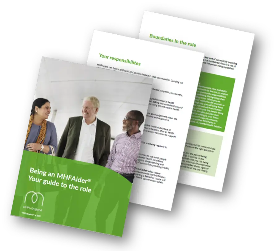 : A photo of the MHFA guide cover entitled 'Being an MHFAider Your guide to the role' with a lime green background, MHFA logo and three people happily in conversation. Peeking out behind it you can see two other pages, one entitled Your Responsibilities and the other Boundaries in the role.